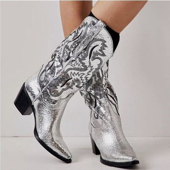 NEW Jeffrey Campbell Dagget Silver Metallic Western Boots Free People Size 7 - Picture 4 of 10